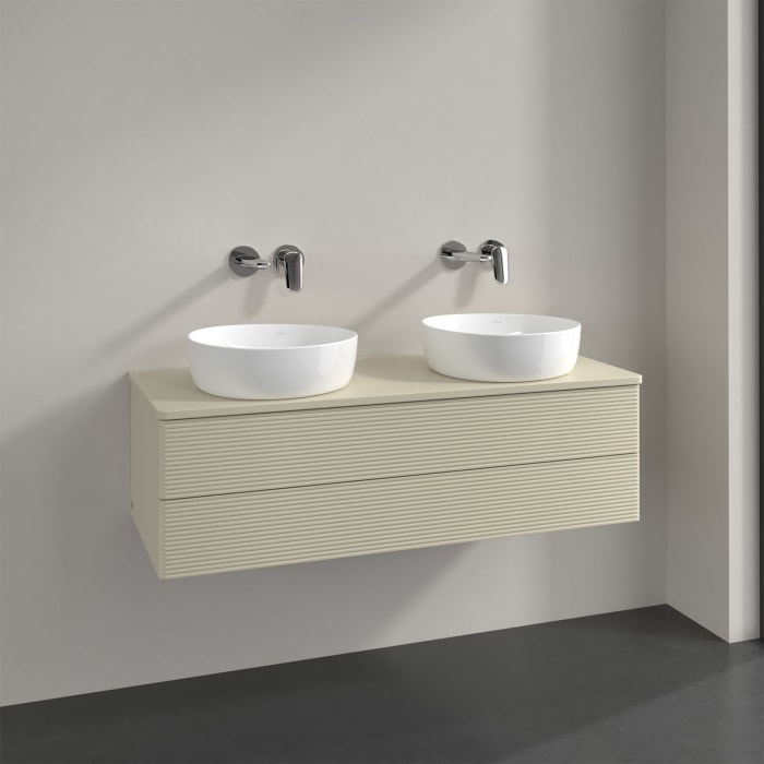 Villeroy & Boch Antao Waschbeckenunterschrank, 120 x 19 cm, 2 Auszüge, Fronten mit Struktur, mit Hahnloch, für Waschtisch links und rechts