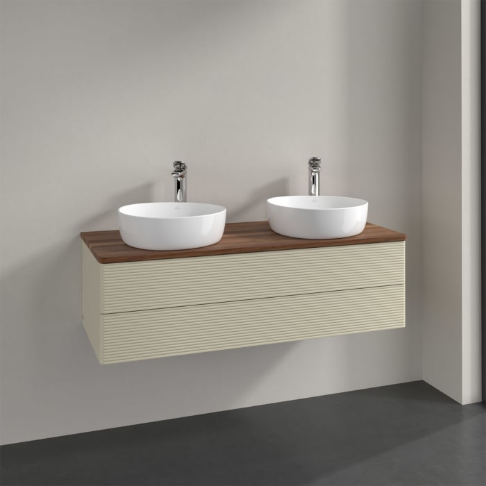 Villeroy & Boch Antao Waschbeckenunterschrank, 120 x 19 cm, 2 Auszüge, Fronten mit Struktur, mit Hahnloch, für Waschtisch links und rechts