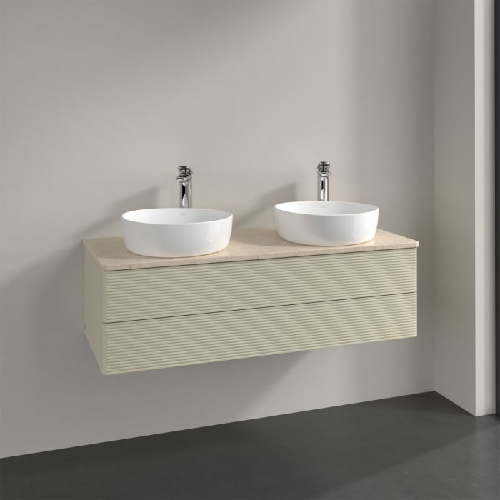 Villeroy & Boch Antao Waschbeckenunterschrank, 120 x 19 cm, 2 Auszüge, Fronten mit Struktur, mit Hahnloch, für Waschtisch links und rechts