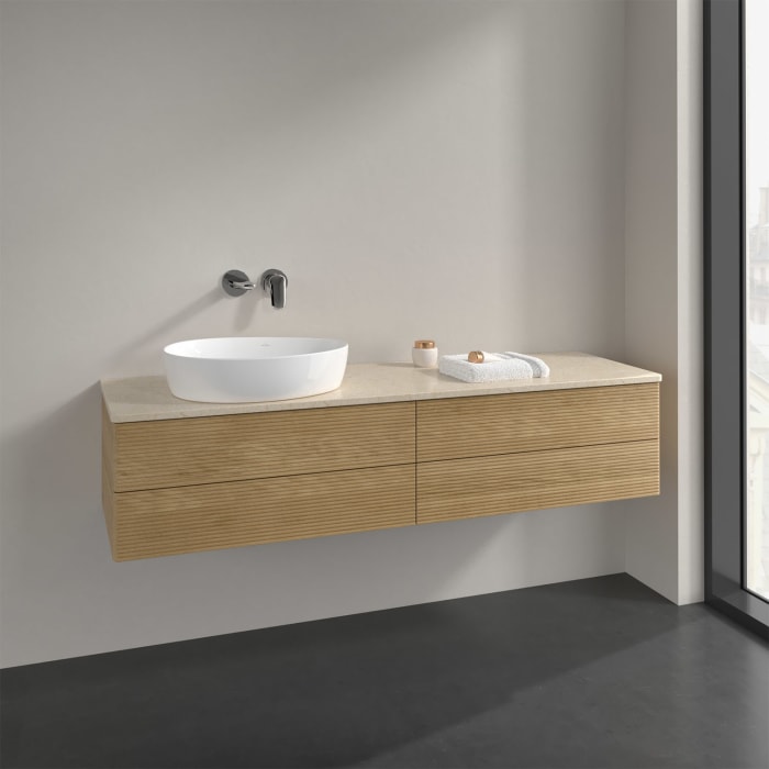 Villeroy & Boch Antao Waschbeckenunterschrank, 160 x 19 cm, 4 Auszüge, Fronten mit Struktur, ohne Hahnloch, für Waschtisch links