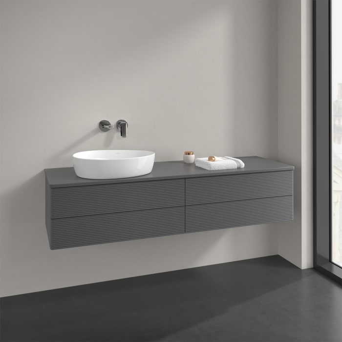 Villeroy & Boch Antao Waschbeckenunterschrank, 160 x 19 cm, 4 Auszüge, Fronten mit Struktur, mit Hahnloch, für Waschtisch links