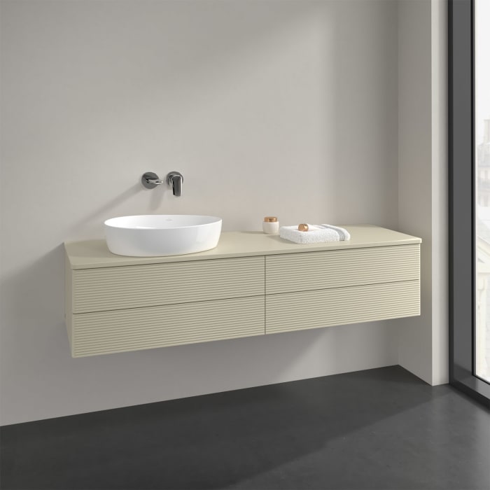Villeroy & Boch Antao Waschbeckenunterschrank, 160 x 19 cm, 4 Auszüge, Fronten mit Struktur, mit Hahnloch, für Waschtisch links