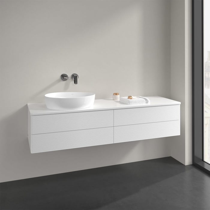 Villeroy & Boch Antao Waschbeckenunterschrank, 160 x 19 cm, 4 Auszüge, Fronten mit Struktur, mit Hahnloch, für Waschtisch links