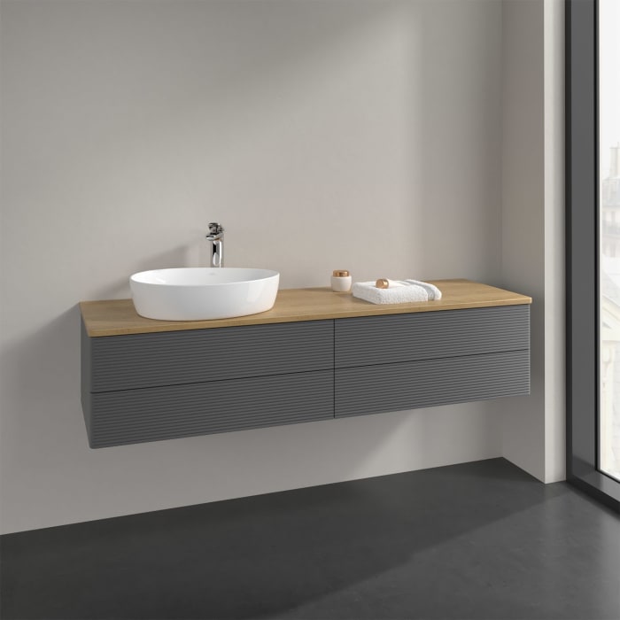 Villeroy & Boch Antao Waschbeckenunterschrank, 160 x 19 cm, 4 Auszüge, Fronten mit Struktur, mit Hahnloch, für Waschtisch links