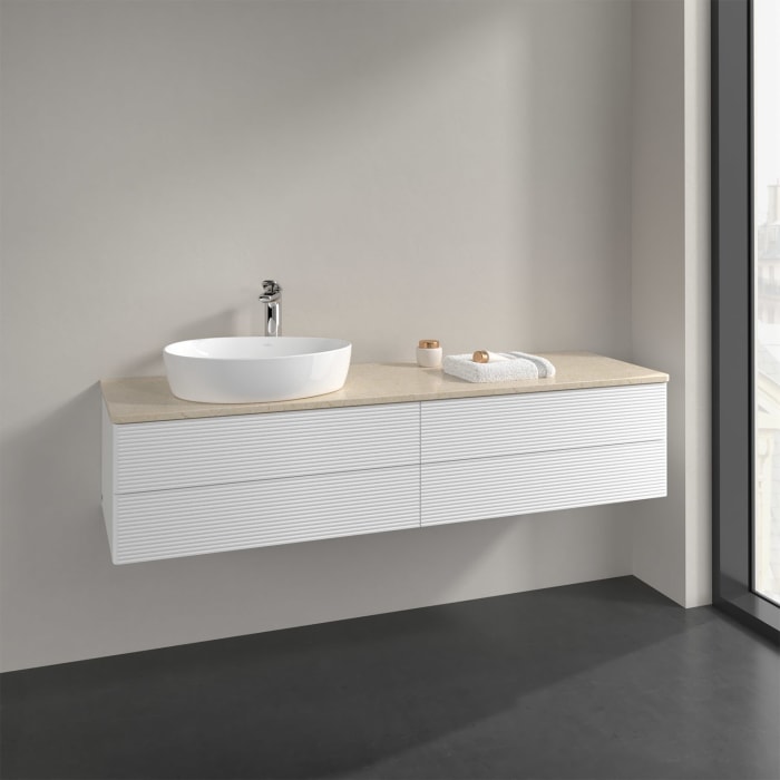 Villeroy & Boch Antao Waschbeckenunterschrank, 160 x 19 cm, 4 Auszüge, Fronten mit Struktur, mit Hahnloch, für Waschtisch links