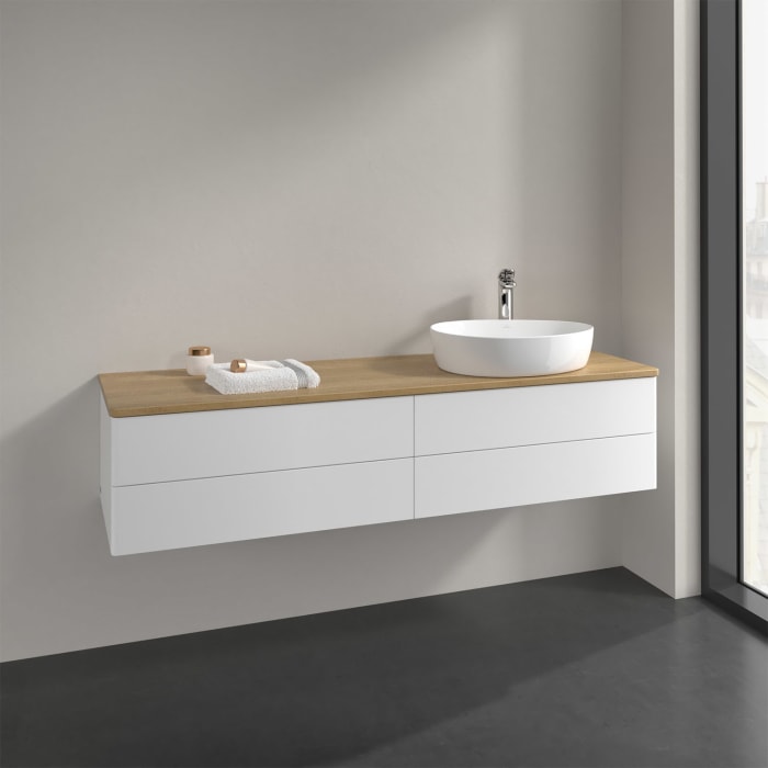 Villeroy & Boch Antao Waschbeckenunterschrank, 160 x 19 cm, 4 Auszüge, Fronten ohne Struktur, mit Hahnloch, für Waschtisch rechts