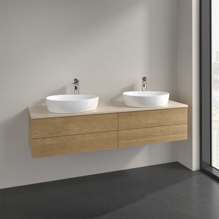 Villeroy & Boch Antao Waschbeckenunterschrank, 160 x 19 cm, 4 Auszüge, Fronten mit Struktur, mit Hahnloch, für Waschtisch links und rechts