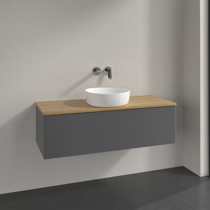 Villeroy & Boch Antao Waschbeckenunterschrank, 120 x 36 cm, 1 Auszug, Front ohne Struktur, ohne Hahnloch, für Waschtisch mittig