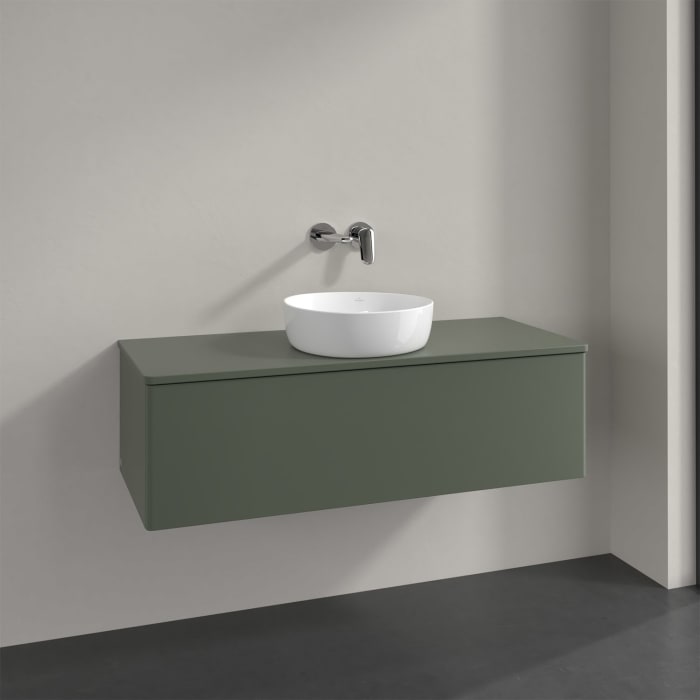 Villeroy & Boch Antao Waschbeckenunterschrank, 120 x 36 cm, 1 Auszug, Front ohne Struktur, mit Hahnloch, für Waschtisch mittig