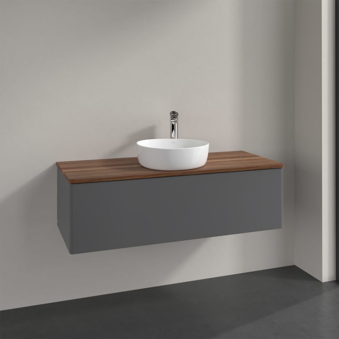 Villeroy & Boch Antao Waschbeckenunterschrank, 120 x 36 cm, 1 Auszug, Front ohne Struktur, mit Hahnloch, für Waschtisch mittig