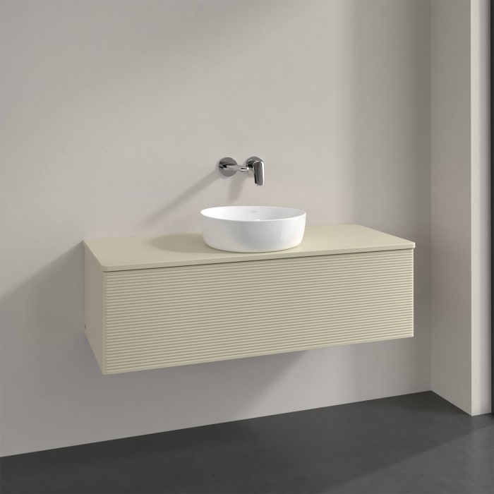 Villeroy & Boch Antao Waschbeckenunterschrank, 120 x 36 cm, 1 Auszug, Front mit Struktur, mit Hahnloch, für Waschtisch mittig
