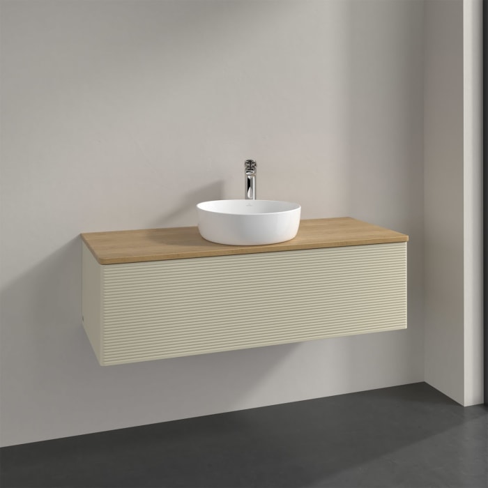 Villeroy & Boch Antao Waschbeckenunterschrank, 120 x 36 cm, 1 Auszug, Front mit Struktur, mit Hahnloch, für Waschtisch mittig
