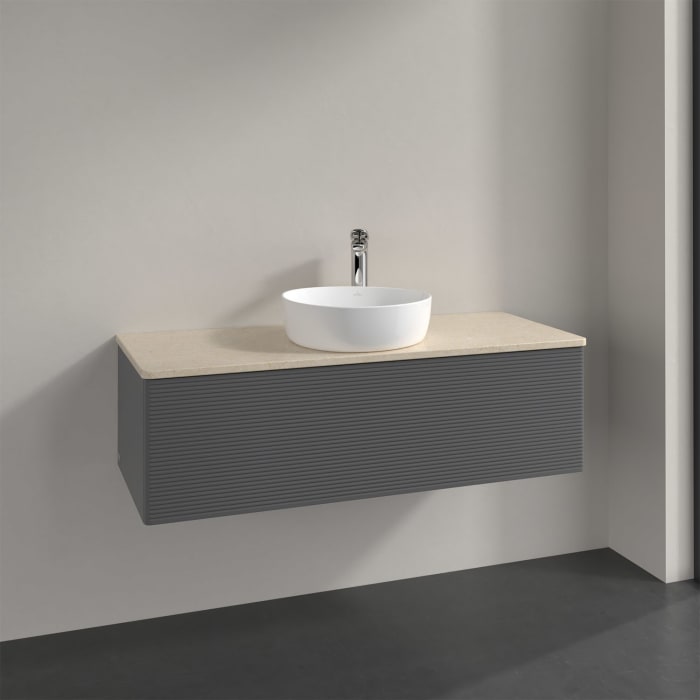 Villeroy & Boch Antao Waschbeckenunterschrank, 120 x 36 cm, 1 Auszug, Front mit Struktur, mit Hahnloch, für Waschtisch mittig
