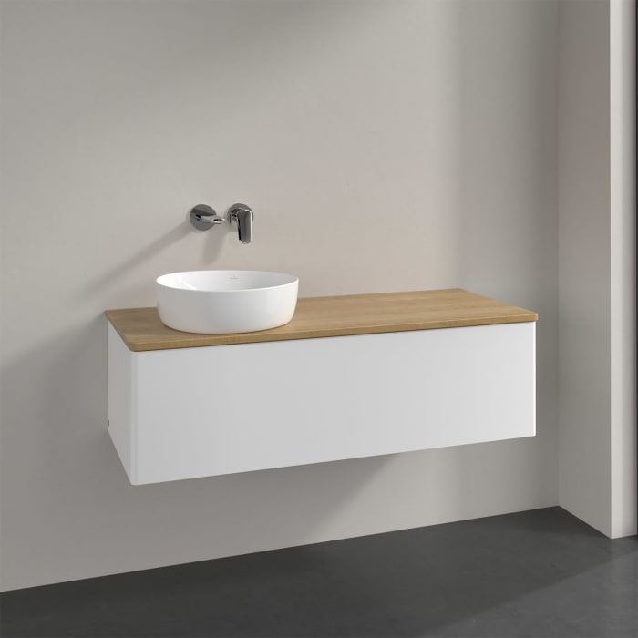 Villeroy & Boch Antao Waschbeckenunterschrank, 120 x 36 cm, 1 Auszug, Front ohne Struktur, ohne Hahnloch, für Waschtisch links