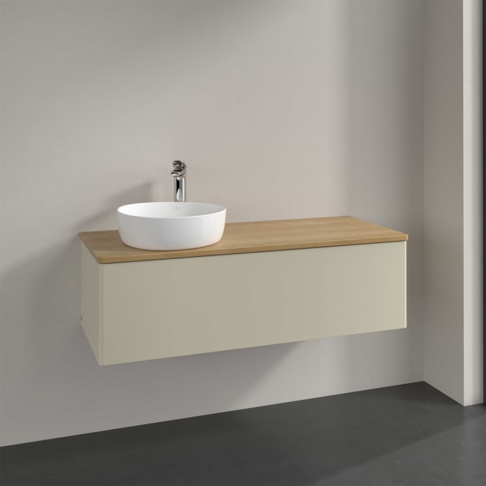 Villeroy & Boch Antao Waschbeckenunterschrank, 120 x 36 cm, 1 Auszug, Front ohne Struktur, mit Hahnloch, für Waschtisch links