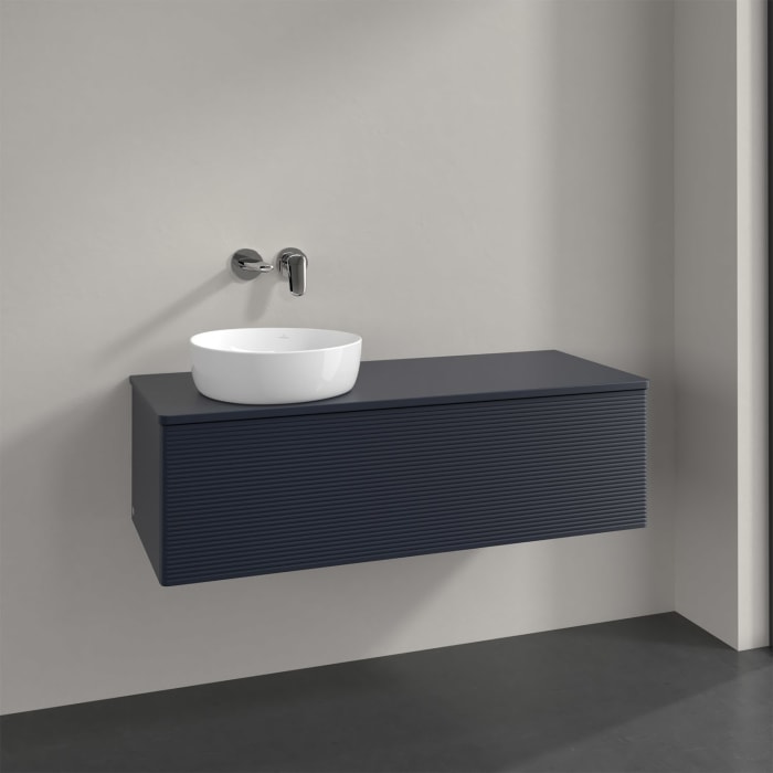 Villeroy & Boch Antao Waschbeckenunterschrank, 120 x 36 cm, 1 Auszug, Front mit Struktur, mit Hahnloch, für Waschtisch links