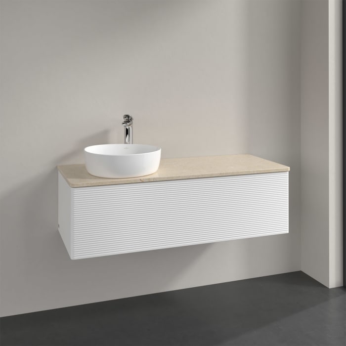 Villeroy & Boch Antao Waschbeckenunterschrank, 120 x 36 cm, 1 Auszug, Front mit Struktur, mit Hahnloch, für Waschtisch links