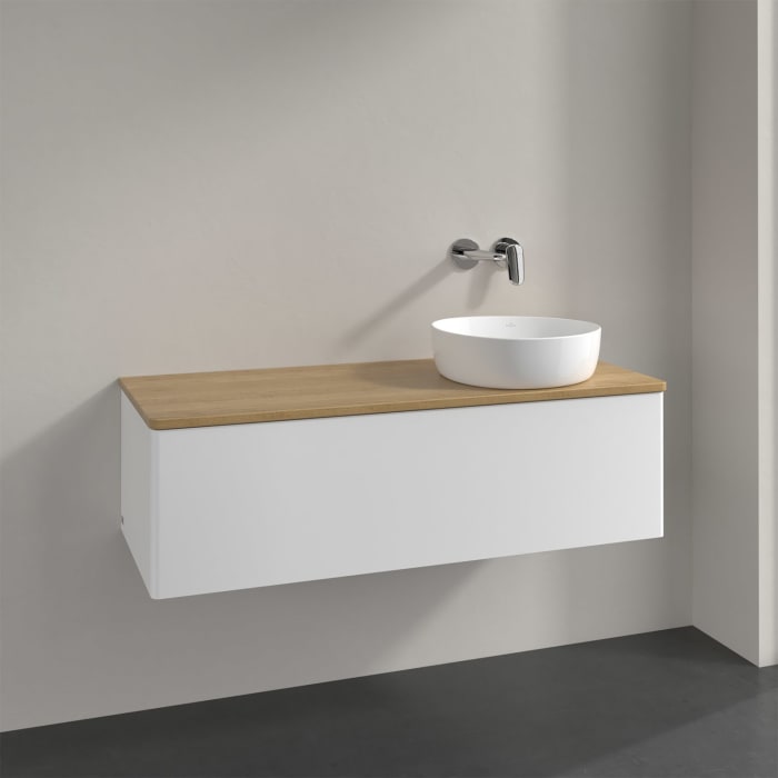 Villeroy & Boch Antao Waschbeckenunterschrank, 120 x 36 cm, 1 Auszug, Front ohne Struktur, ohne Hahnloch, für Waschtisch rechts