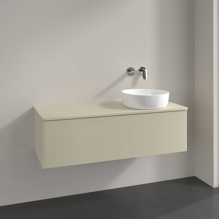 Villeroy & Boch Antao Waschbeckenunterschrank, 120 x 36 cm, 1 Auszug, Front ohne Struktur, mit Hahnloch, für Waschtisch rechts
