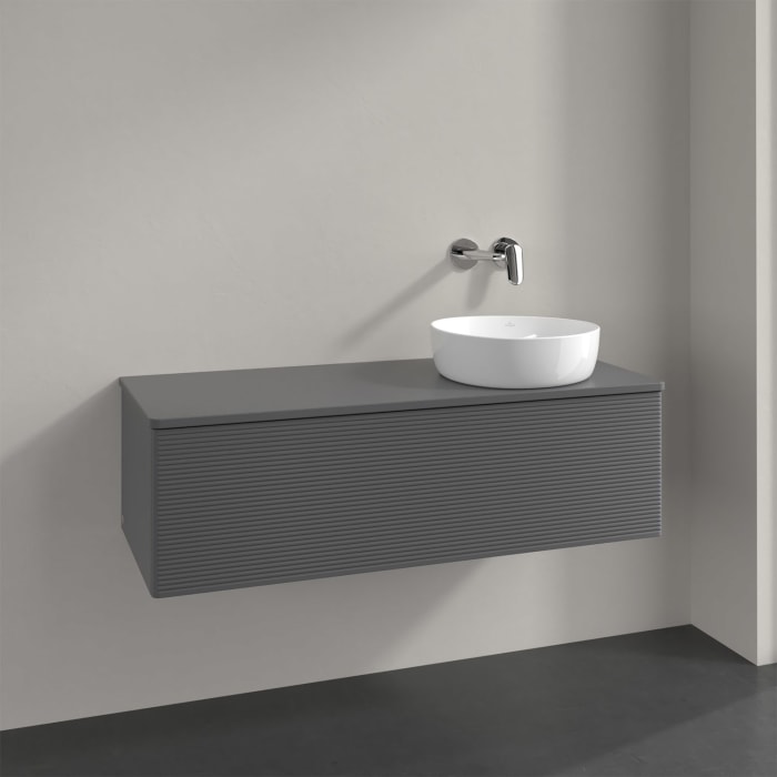 Villeroy & Boch Antao Waschbeckenunterschrank, 120 x 36 cm, 1 Auszug, Front mit Struktur, mit Hahnloch, für Waschtisch rechts