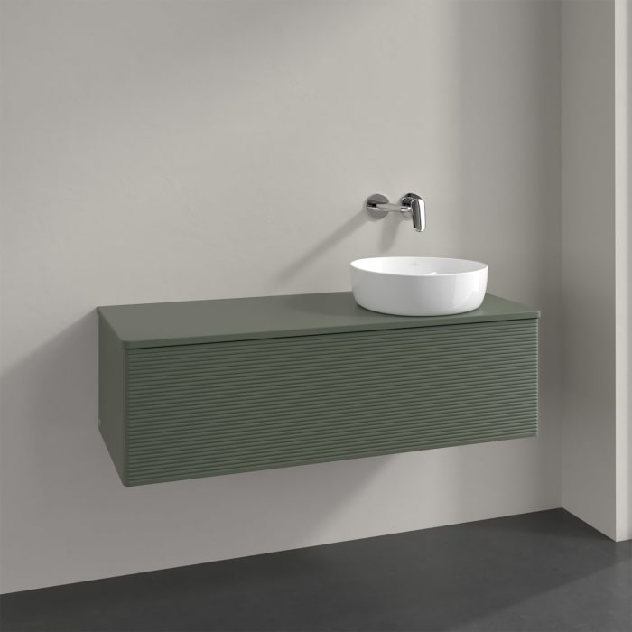 Villeroy & Boch Antao Waschbeckenunterschrank, 120 x 36 cm, 1 Auszug, Front mit Struktur, mit Hahnloch, für Waschtisch rechts
