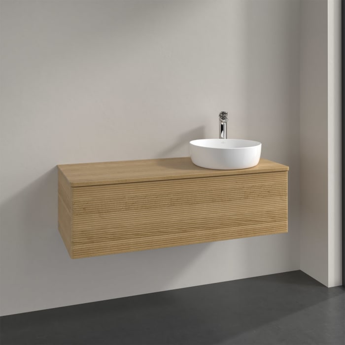 Villeroy & Boch Antao Waschbeckenunterschrank, 120 x 36 cm, 1 Auszug, Front mit Struktur, mit Hahnloch, für Waschtisch rechts