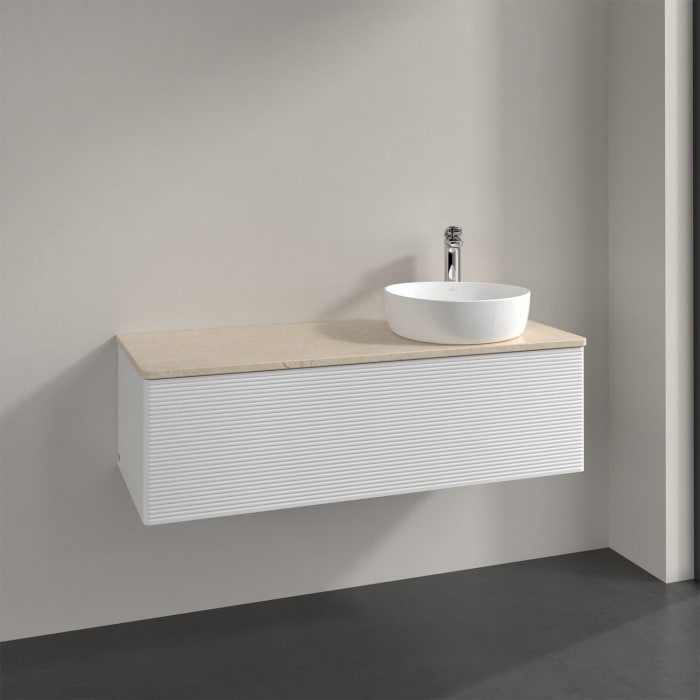 Villeroy & Boch Antao Waschbeckenunterschrank, 120 x 36 cm, 1 Auszug, Front mit Struktur, mit Hahnloch, für Waschtisch rechts