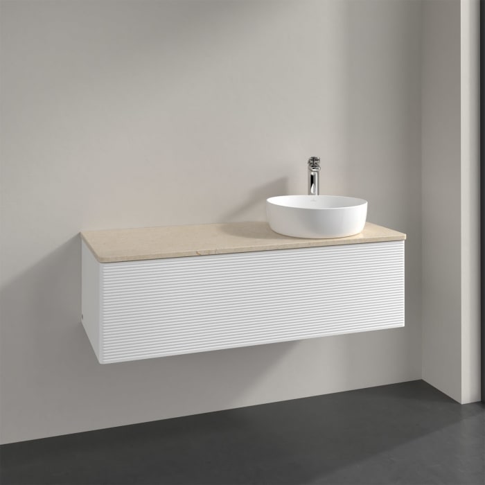 Villeroy & Boch Antao Waschbeckenunterschrank, 120 x 36 cm, 1 Auszug, Front mit Struktur, mit Hahnloch, für Waschtisch rechts