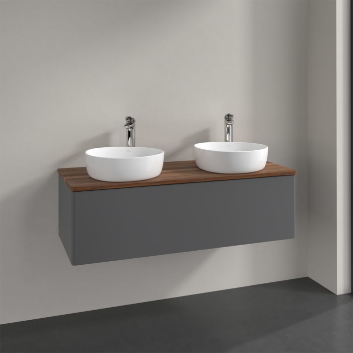 Villeroy & Boch Antao Waschbeckenunterschrank, 120 x 36 cm, 1 Auszug, Front ohne Struktur, mit Hahnloch, für Waschtisch links und rechts