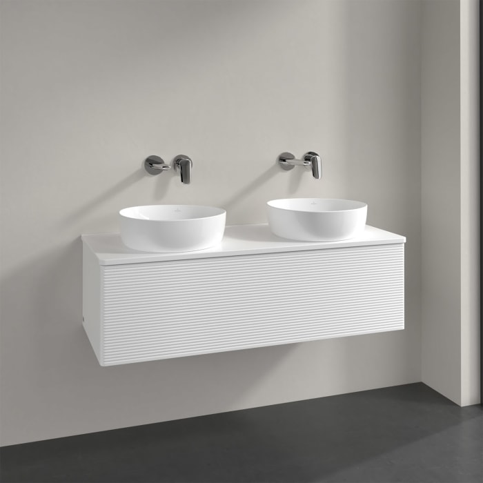 Villeroy & Boch Antao Waschbeckenunterschrank, 120 x 36 cm, 1 Auszug, Front mit Struktur, ohne Hahnloch, für Waschtisch links und rechts