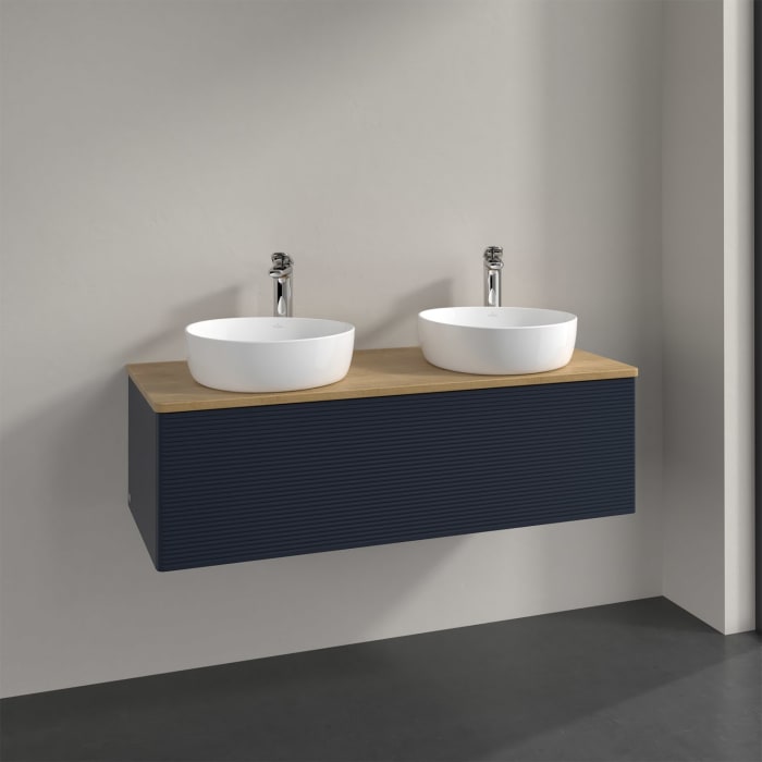 Villeroy & Boch Antao Waschbeckenunterschrank, 120 x 36 cm, 1 Auszug, Front mit Struktur, mit Hahnloch, für Waschtisch links und rechts