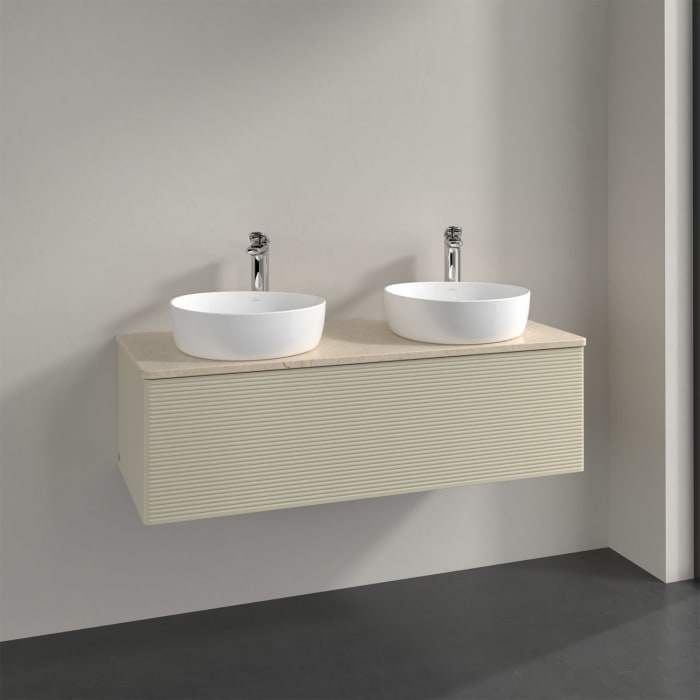 Villeroy & Boch Antao Waschbeckenunterschrank, 120 x 36 cm, 1 Auszug, Front mit Struktur, mit Hahnloch, für Waschtisch links und rechts
