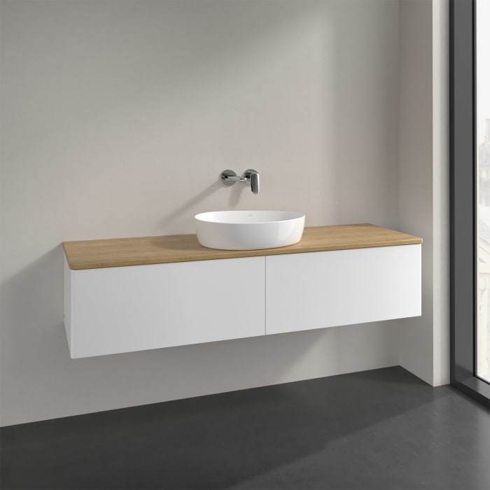 Villeroy & Boch Antao Waschbeckenunterschrank, 160 x 36 cm, 2 Auszüge, Front ohne Struktur, ohne Hahnloch, für Waschtisch mittig