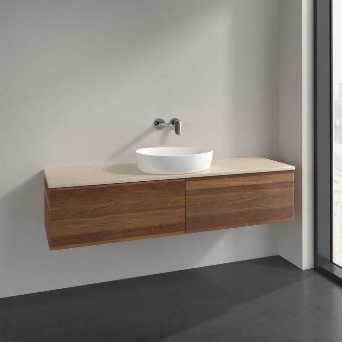 Villeroy & Boch Antao Waschbeckenunterschrank, 160 x 36 cm, 2 Auszüge, Front ohne Struktur, ohne Hahnloch, für Waschtisch mittig