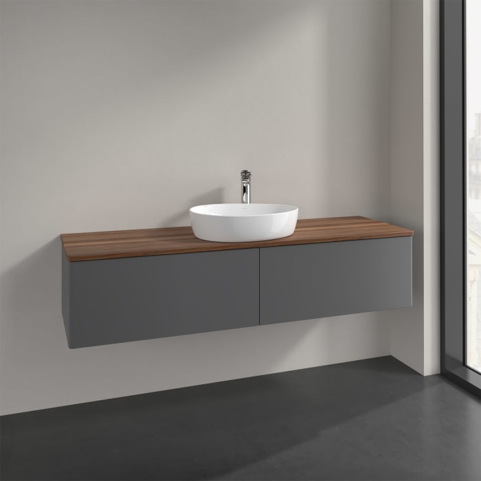 Villeroy & Boch Antao Waschbeckenunterschrank, 160 x 36 cm, 2 Auszüge, Front ohne Struktur, mit Hahnloch, für Waschtisch mittig