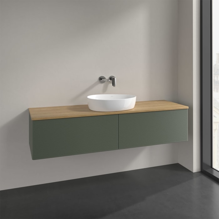 Villeroy & Boch Antao Waschbeckenunterschrank, 160 x 36 cm, 2 Auszüge, Front mit Struktur, ohne Hahnloch, für Waschtisch mittig