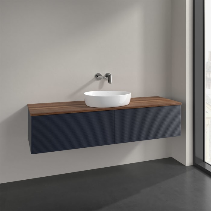 Villeroy & Boch Antao Waschbeckenunterschrank, 160 x 36 cm, 2 Auszüge, Front mit Struktur, ohne Hahnloch, für Waschtisch mittig