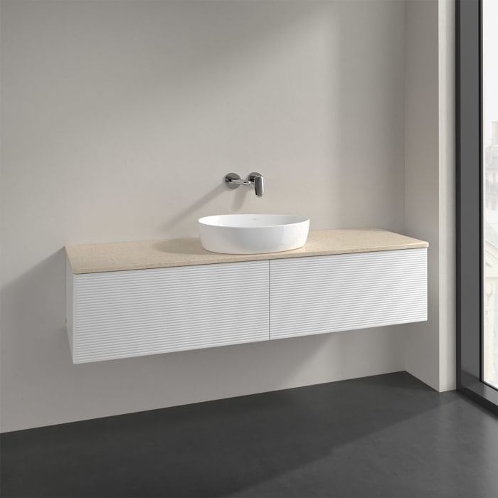 Villeroy & Boch Antao Waschbeckenunterschrank, 160 x 36 cm, 2 Auszüge, Front mit Struktur, ohne Hahnloch, für Waschtisch mittig