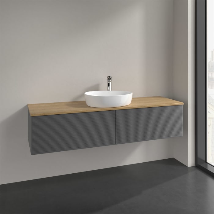 Villeroy & Boch Antao Waschbeckenunterschrank, 160 x 36 cm, 2 Auszüge, Front mit Struktur, mit Hahnloch, für Waschtisch mittig