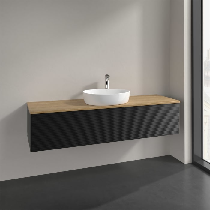 Villeroy & Boch Antao Waschbeckenunterschrank, 160 x 36 cm, 2 Auszüge, Front mit Struktur, mit Hahnloch, für Waschtisch mittig