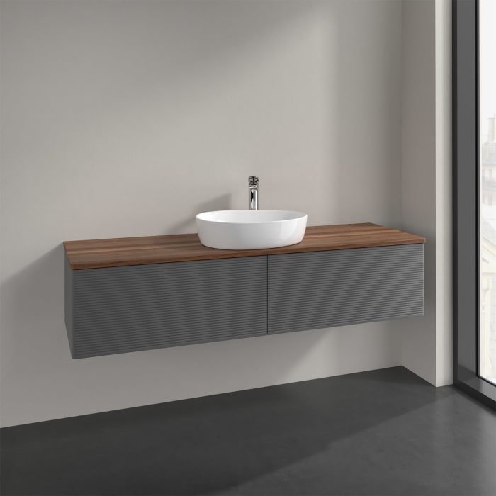 Villeroy & Boch Antao Waschbeckenunterschrank, 160 x 36 cm, 2 Auszüge, Front mit Struktur, mit Hahnloch, für Waschtisch mittig