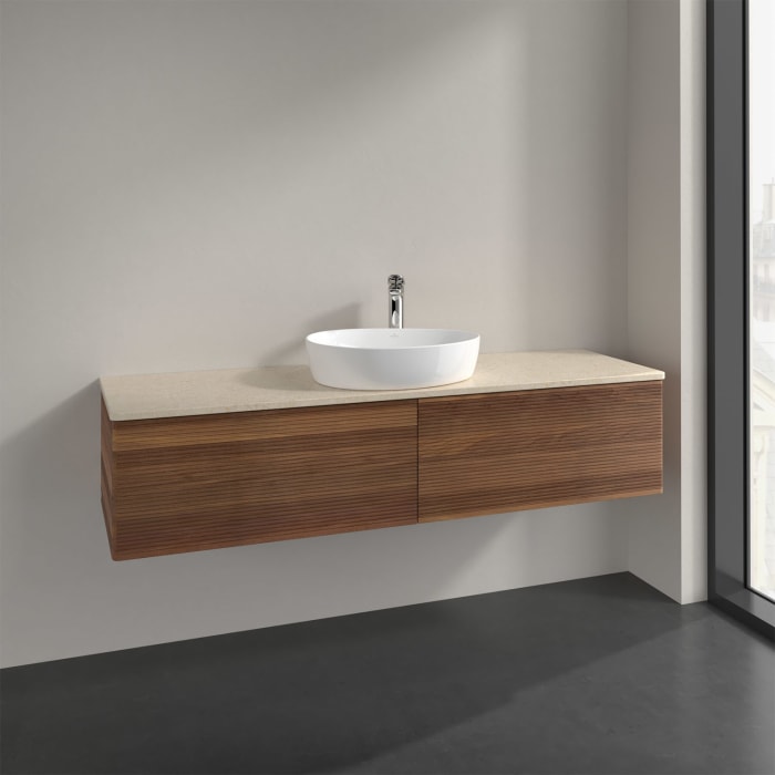 Villeroy & Boch Antao Waschbeckenunterschrank, 160 x 36 cm, 2 Auszüge, Front mit Struktur, mit Hahnloch, für Waschtisch mittig