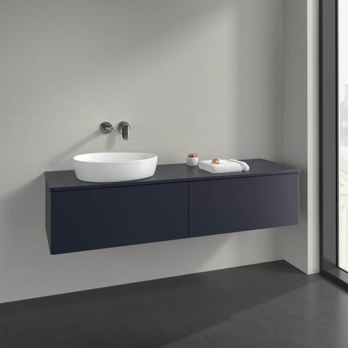 Villeroy & Boch Antao Waschbeckenunterschrank, 160 x 36 cm, 2 Auszüge, Front ohne Struktur, ohne Hahnloch, für Waschtisch links