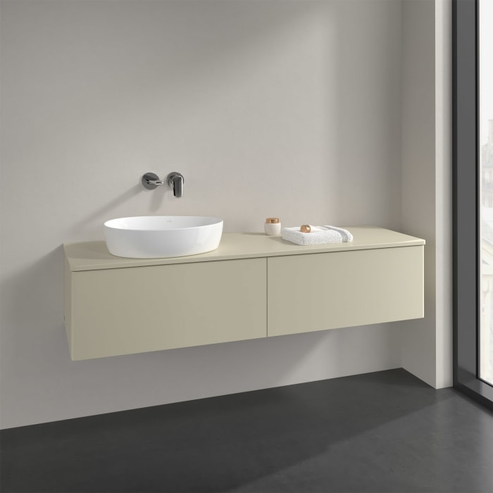 Villeroy & Boch Antao Waschbeckenunterschrank, 160 x 36 cm, 2 Auszüge, Front ohne Struktur, ohne Hahnloch, für Waschtisch links