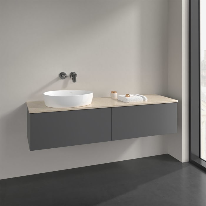 Villeroy & Boch Antao Waschbeckenunterschrank, 160 x 36 cm, 2 Auszüge, Front ohne Struktur, ohne Hahnloch, für Waschtisch links