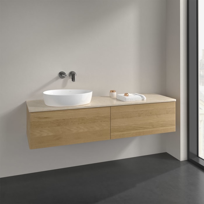 Villeroy & Boch Antao Waschbeckenunterschrank, 160 x 36 cm, 2 Auszüge, Front ohne Struktur, ohne Hahnloch, für Waschtisch links