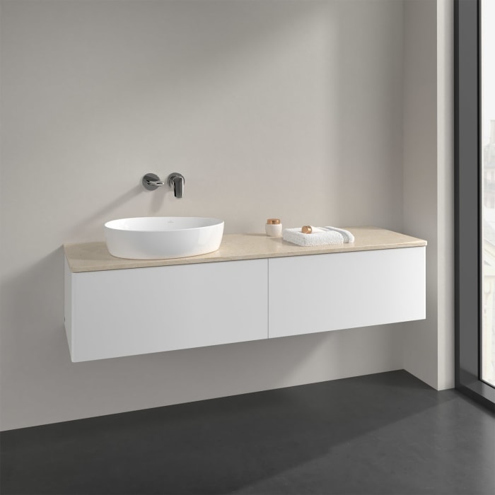 Villeroy & Boch Antao Waschbeckenunterschrank, 160 x 36 cm, 2 Auszüge, Front ohne Struktur, ohne Hahnloch, für Waschtisch links