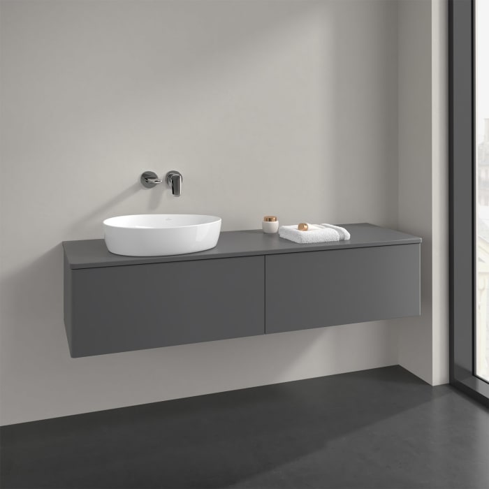 Villeroy & Boch Antao Waschbeckenunterschrank, 160 x 36 cm, 2 Auszüge, Front ohne Struktur, mit Hahnloch, für Waschtisch links