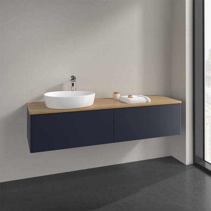 Villeroy & Boch Antao Waschbeckenunterschrank, 160 x 36 cm, 2 Auszüge, Front ohne Struktur, mit Hahnloch, für Waschtisch links