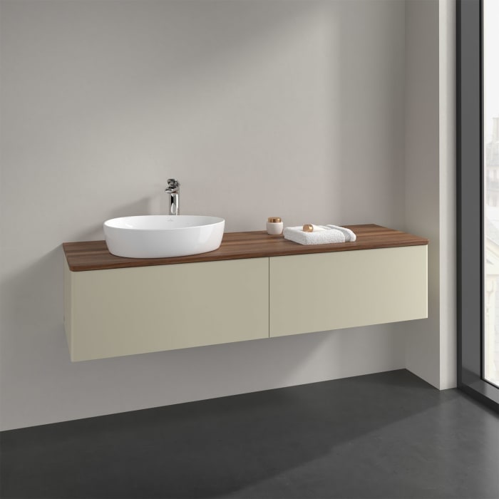 Villeroy & Boch Antao Waschbeckenunterschrank, 160 x 36 cm, 2 Auszüge, Front ohne Struktur, mit Hahnloch, für Waschtisch links